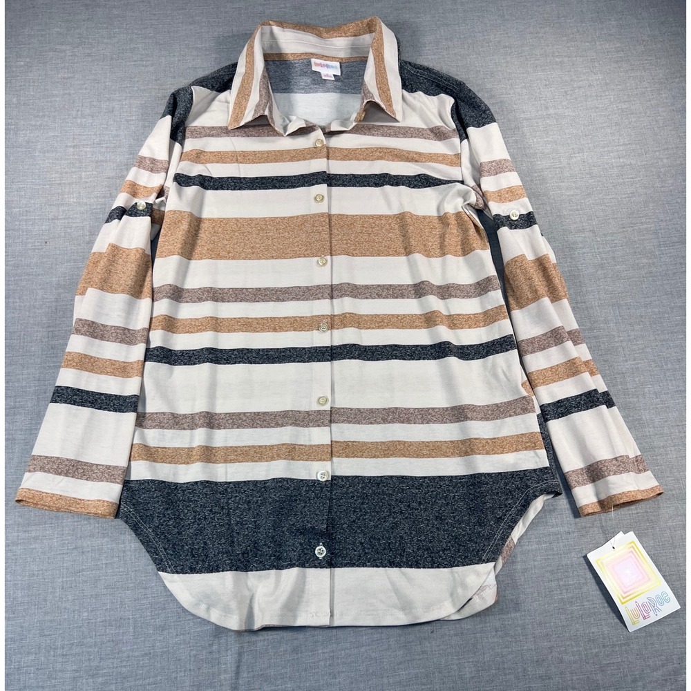 LuLaRoe Valentina Striped Button Down Top Small Cream Tan Grey Roll Tab Sleeve